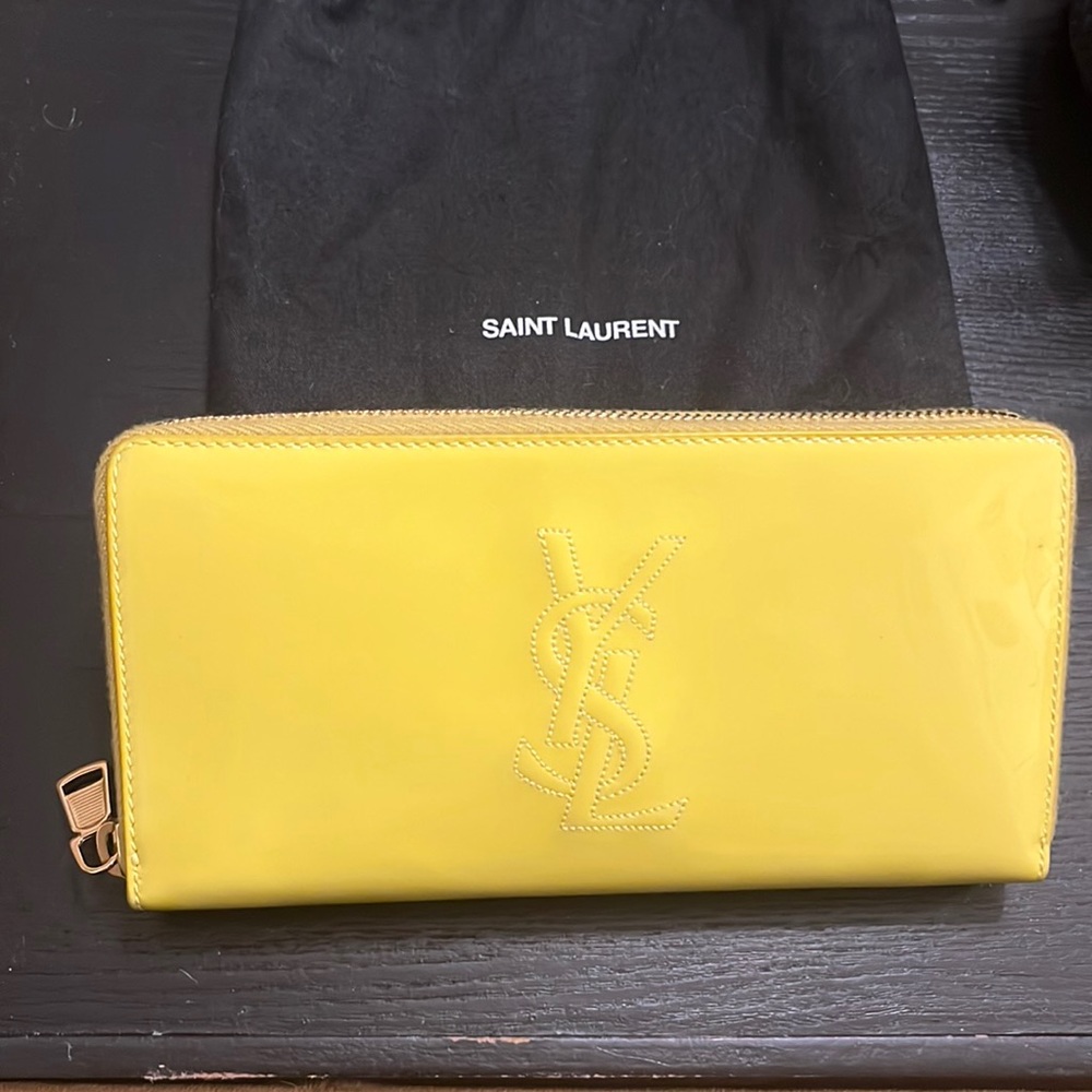 NEW Yves Saint Laurent Neon Yellow Patent Leather Zip Around Wallet w/dust bag
